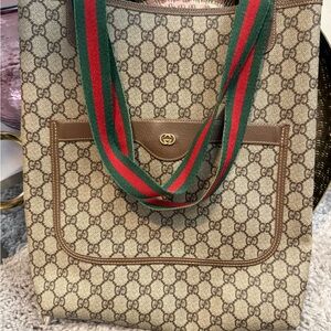 Gucci Beige and Brown Tote with Green and Red Straps